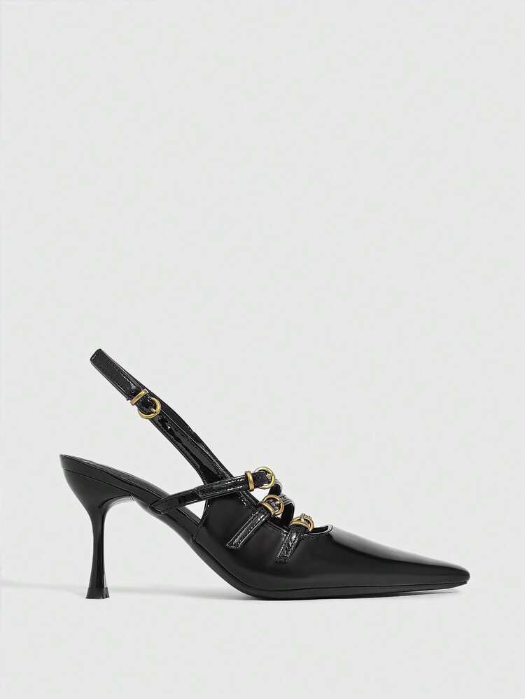CUCCOO SZL Women's Pointed Toe Black Patent Leather Metal Buckle Minimalist Sexy Stiletto Heel Slingback Pumps