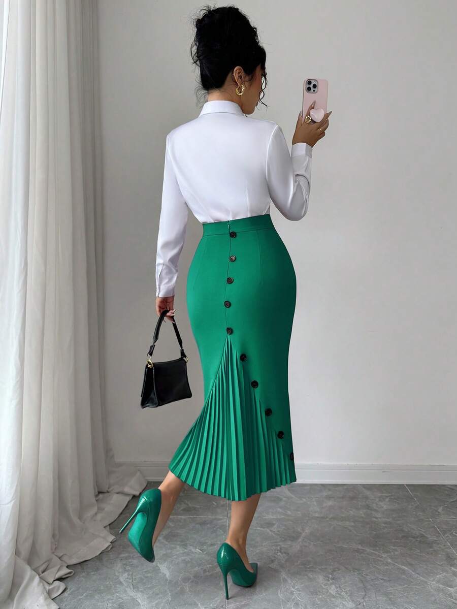 Elenzga Women's Elegant Fitted Pleated Pencil Skirt - Dark Green - View 1