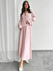 Firerie Conjunto de blazer de manga larga de unicolor y falda evasé elegante de diseño minimalista - Rosa vieja - Ver 5
