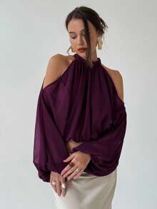 Aloruh Women's Elegant Pleated Lantern Sleeve Cropped Top, Summer - Purple - View 7
