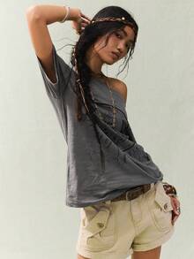 SoleilVie Camiseta casual de mujer de cuello redondo oversize con estampado, 100% algodón, tops casuales de verano para mujer, ropa de mujer, tops de vaquera para mujer, top gris estampado de hombros descubiertos - Gris - Ver 7