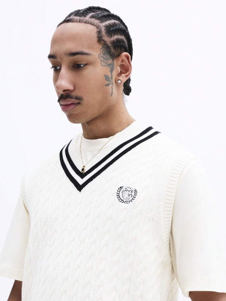 V-Neck Cable Knit Vest With Contrast Trim