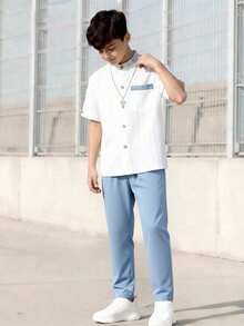 SHEIN Explorewe 2pcs/Set Teenage Boys' Casual School Style Simple White Shirt And Pants Outfit - Blue - View 7