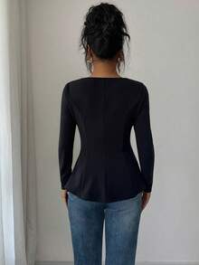 Elenzga Áo thun nữ dáng ôm, cổ tim, viền bèo nhún, size tiêu chuẩn, thanh lịch, thích hợp cho mùa xuân/hè. - màu đen - Xem 2
