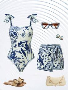 Swim Oasis Traje de baño de una pieza talla grande, conjunto de 2 piezas, minimalista, adecuado para uso diario, verano, atuendo de playa para mujer - Multicolor - Ver 1