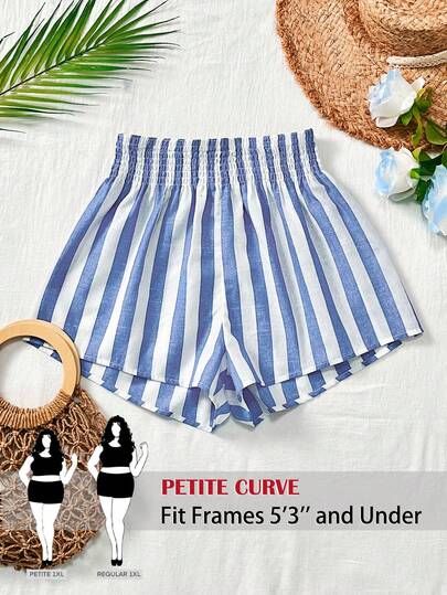 SHEIN PETITE CURVE Plus Size Striped Print Elastic Waist Casual Summer Shorts