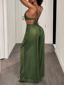 BamGleam 女士连体裤 - 性感露背V领连体裤，交叉腰部设计，高腰阔腿显瘦时尚度假风杏色连体裤 - 軍綠色 - 查看 2