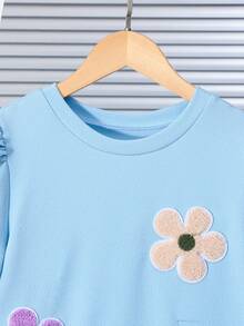 SHEIN 少女碎花圆领短泡泡袖荷叶边下摆休闲连衣裙 - 藍色 - 查看 3
