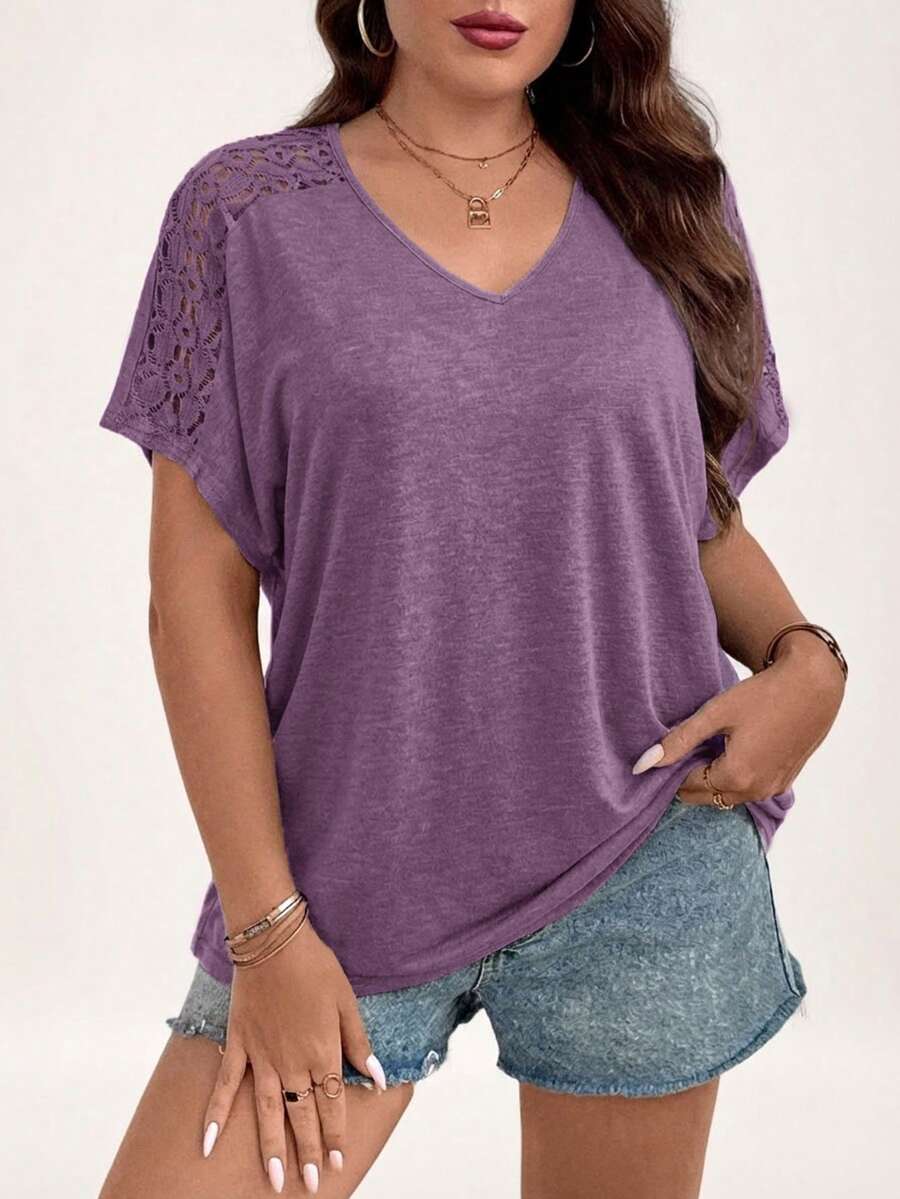 SHEIN LUNE Áo thun ngắn tay tối giản màu trơn cỡ lớn - Màu tím - Xem 1