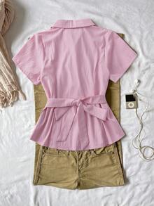 Sunspun Áo Polo cỡ lớn thời trang, kiểu Trung Quốc mới, tay ngắn, cài nút, thắt eo, màu trơn. - Hồng - Xem 2