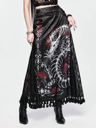 ROMWE Goth กระโปรงผ่าสูงแต่งลูกไม้ตัดกันลายมังกรกระดูกงู, ดอกบัว, โทเท็มหนาม สไตล์จีนโบราณ