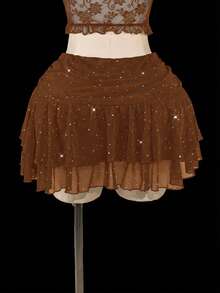 SHEIN ICON Plus Size Ruched Tie-Up High Slit Layered Glitter Mesh Mini Skirt - Brown - View 2