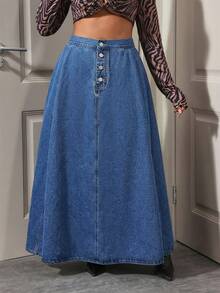 Slaydiva Plus Size Solid Color Button Pleated Casual Versatile Denim Skirt - Blue - View 7