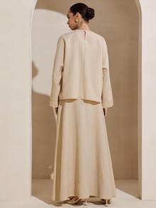 Graceveil Casual Long Sleeve Top & Flared Skirt Arabic Style Set For Women, Apricot Color - Apricot - View 2