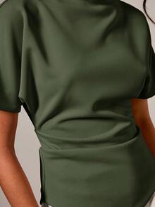 COSMINA 女士优雅褶皱圆领T恤，适合所有季节 - 軍綠色 - 查看 5
