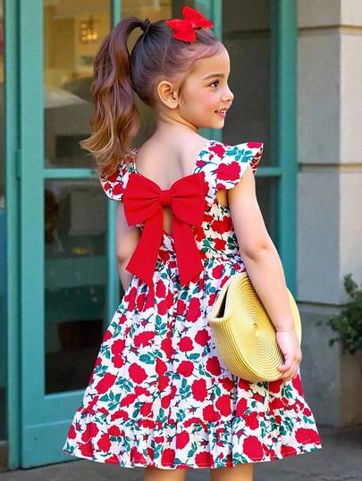 Elladie kids Sweet Girls Red Polyester Flounce Sleeve A Line Dress With Fruit And Vegetable Pattern Short Length Round Neck Vacation Style Squishy Summer Outfits