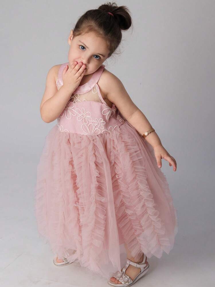 Girls Sleeveless Round Neck Mesh Dress, Young Girl Fall Clothes Vacation