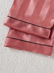 Elegant High-End Girls Pajamas, Tween Girls Minimalist Dark Pink Striped Long Sleeve Cardigan And Long Pants 2 Pieces Sleepwear Set Satin Pajamas Set - Multicolor - View 8