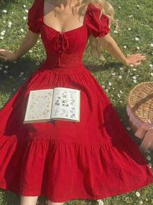 SHEIN MOD 红色泡泡袖露腰镂空花卉蕾丝中长连衣裙 - 紅色 - 查看 1