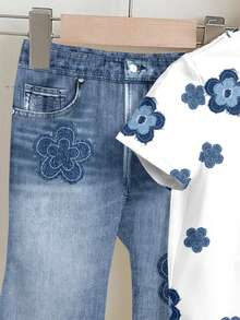 SHEIN LMoss Kids 可爱复古碎花图案女童休闲宽松短袖圆领T恤和喇叭裤两件套，适合日常穿着、春夏穿搭，舒适百搭，春夏叠穿，时尚女童，休闲装，儿童复古碎花图案服装，返校季、休闲度假风 - 彩色 - 查看 5