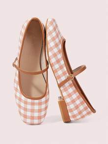 CUCCOO DOLLMOD Sepatu Mary Jane Wanita Motif Kotak-kotak Cokelat Muda, Ujung Persegi Datar, Sepatu Hak Rendah yang Lucu dengan Gaya Kampus, Cocok untuk Musim Semi, Paskah, Natal - Coklat Berkarat A - View 2