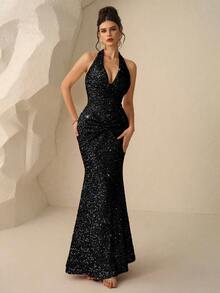 Coutiva Vestido elegante de manga larga con lentejuelas, vestido de gala de alta gama - Negro - Ver 5