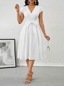 SHEIN Lady Women's Solid Color V-Neck Wrap Elegant Short Sleeve Mid-Length Dress,Summer Dresses For Women - White - View 4