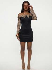 Modviera Plaid Patchwork Oblique Collar Fitted Mid-Length Dress For Women - Multicolor - View 1