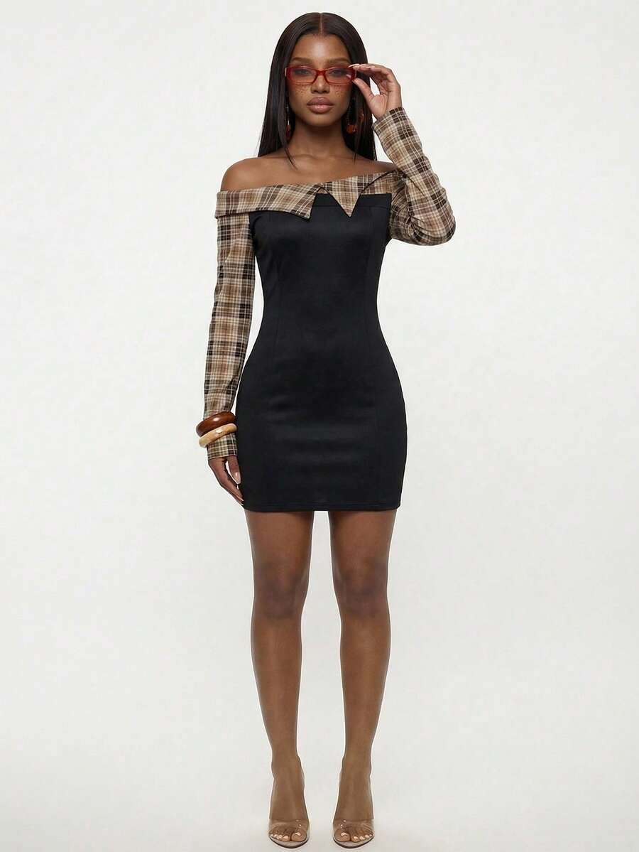 Modviera Plaid Patchwork Oblique Collar Fitted Mid-Length Dress For Women - Multicolor - View 1