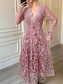 DAZY Spring & Summer Rhinestone Shiny Elegant Lace Midi Dress, Suitable For Valentine's Day, Wedding, Party, Formal Occasion, Slim Fit, Black Sundress - Pink - View 4