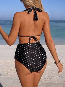 Momance Ensemble de maillot de bain de maternité élégant et sophistiqué à pois noirs pour les vacances d'été 2022, nouvelle arrivée de maillots de bain pour femmes 2026 convenant pour l'école, les vacances, les rendez-vous, le thé de l'après-midi, l'Occident, les croisières, la plage, les îles, les road trips, toutes les saisons, les festivals de musique, les vacances bohèmes, les vacances bohèmes occidentales, les hauts élégants pour femmes. Ensemble de bikini à taille haute à pois pour femmes, deux pièces - Noir - Voir 3