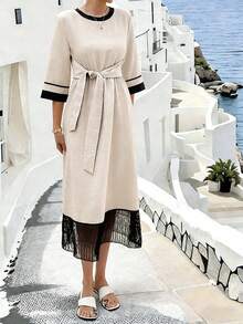 EMERY ROSE Women's Vacation Casual Fringe Waist Belt 3/4 Sleeve Dress - Apricot - View 6