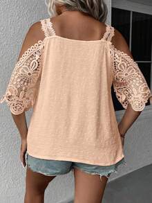 SHEIN Clasi Plus Size Summer Solid Color Patchwork Lace Swiss Dot Off-Shoulder Blouse - Coral Pink - View 2