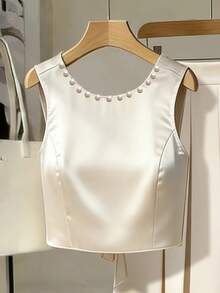 Franclia 女士优雅杏色缎面珍珠装饰假日海滩派对婚礼宾客套装，无袖露背上衣和长裙两件套 - 杏色 - 查看 4