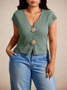Elaquor Plus Size Solid V-Neck Metal Shell Decor Casual Short Sleeve T-Shirt - Mint Green - View 2