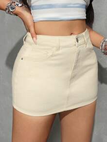 SHEIN PETITE Minifalda vaquera casual de uso diario para mujer con bolsillos y botones - Albaricoque - Ver 5