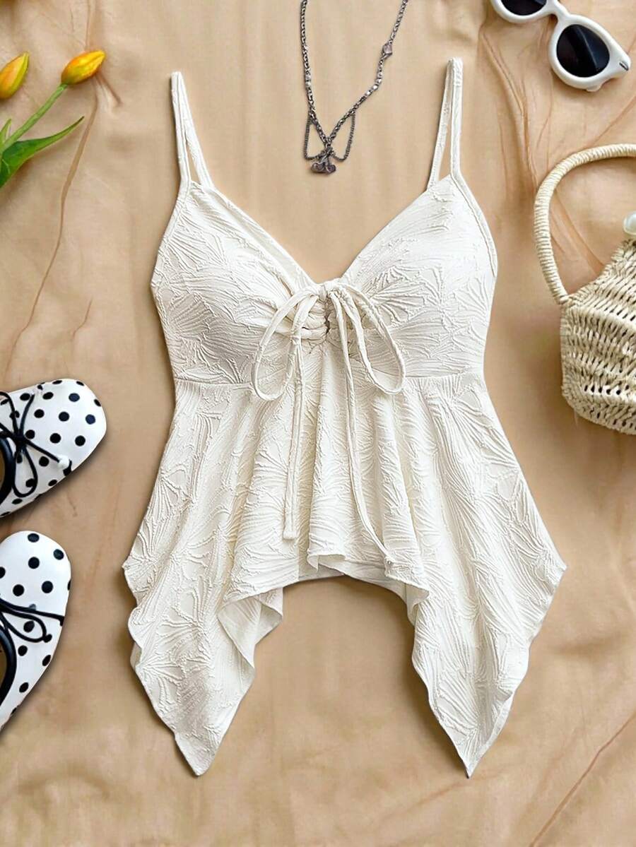 INAWLY Women's Casual Asymmetric Hem Front Tie Camisole Tank Top, Apricot Color - Beige - View 1
