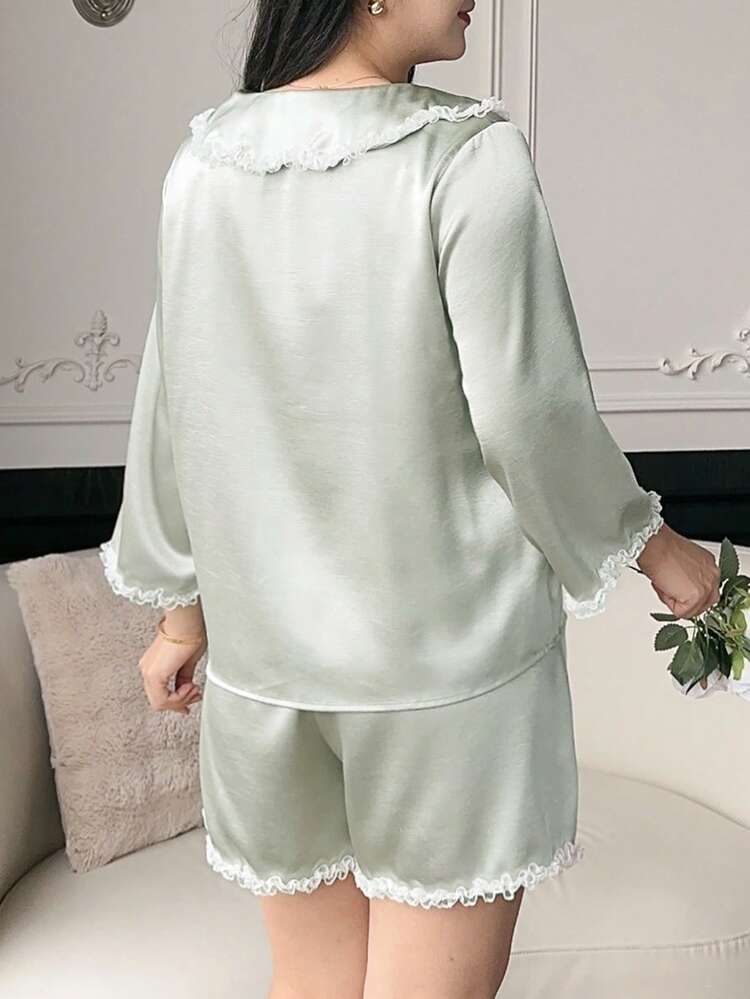 Dazy Plus Plus Size Women Single-Breasted Knotted Design Long Sleeve Top And Shorts Casual Loungewear Set
