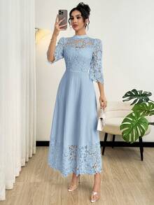Modelyn Đầm maxi dài tay màu vàng thêu lỗ họa tiết, phối nhiều mảnh dành cho nữ - Màu xanh nhạt - Xem 7