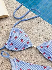 Swim Mod 女士碎花露背吊带三角比基尼上衣和高衩比基尼泳裤套装，时尚可爱性感沙滩度假游艇派对服装 - 彩色 - 查看 4