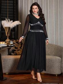 Modelyn Plus Size Women's Shiny Pearl & Rhinestone Embellished Elegant Waist Cinched Soft & Comfortable Long Sleeve Dress, Suitable For Formal Events - Black - View 4