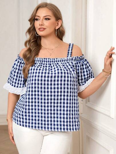 Rosumi Blusa de talla grande de verano casual con volantes y hombros descubiertos a cuadros