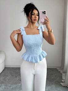 Elenzga Áo kiểu nữ thanh lịch, buộc dây phía trước, cổ vuông, chất liệu jacquard, kiểu dáng thời trang và phù hợp cho các dịp thường nhật, tiệc tùng và họp mặt. - Màu xanh lam - Xem 1