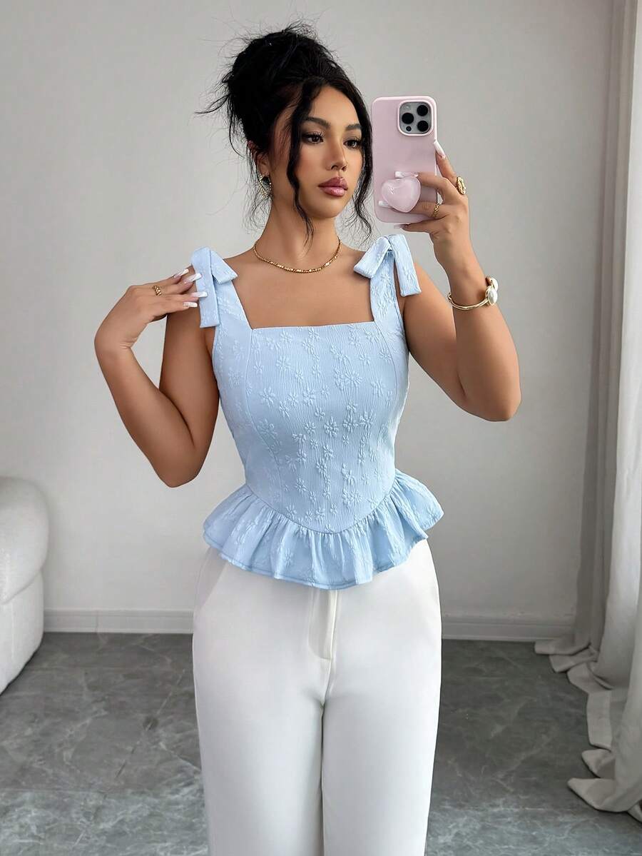 Elenzga Áo kiểu nữ thanh lịch, buộc dây phía trước, cổ vuông, chất liệu jacquard, kiểu dáng thời trang và phù hợp cho các dịp thường nhật, tiệc tùng và họp mặt. - Màu xanh lam - Xem 1