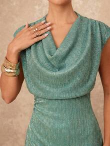 Lumalex 女士纯色褶皱领口收腰优雅连衣裙，适合宴会和派对穿着 - 淺藍色 - 查看 3