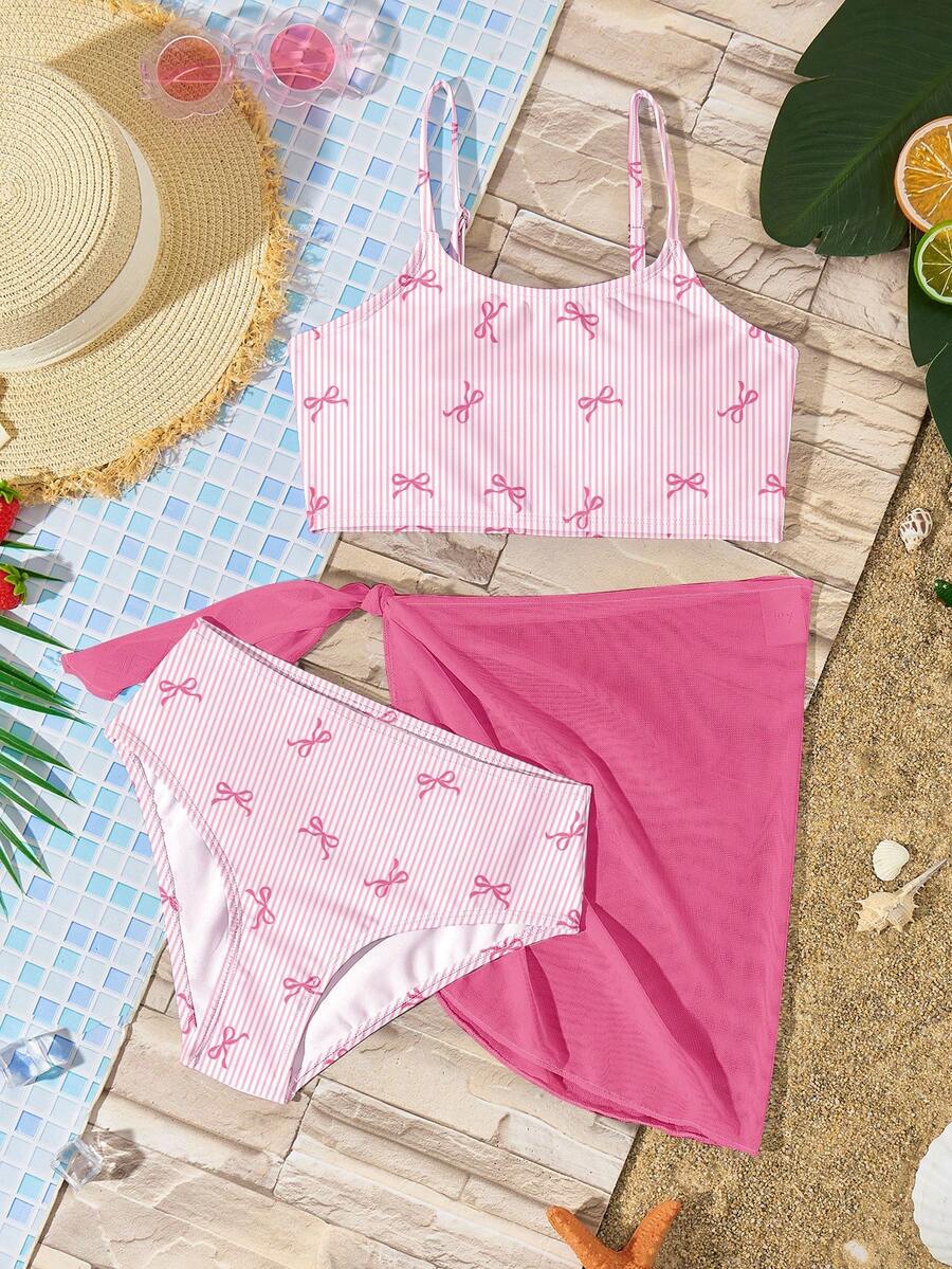 Tween Girl Casual Pink Cute Striped Bow Print Bikini Set And Cover Up Skirt - Multicolor - View 1