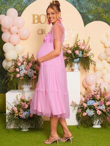 Loomaby Pink Summer Maternity Dress,Fairy Mesh Patchwork Sleeve V-Neck Lace Decor Layered Loose Gown For Baby Shower,Gender Reveal & Photoshoot,Plus Size - Pink - View 7