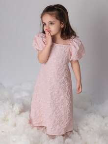 Dazy Kids Young Girl Jacquard Square Collar Petal Sleeve Dress Summer - Pink - View 5