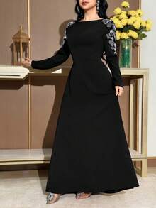 Modelyn Women's Elegant Pearl Decor V-Neck Long Sleeve Dress - Black - View 4