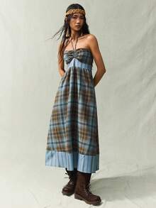 SoleilVie Robe mi-longue de mode bohème pour femmes, avec patchwork à carreaux, robe bustier sans bretelles, design de patchwork taille froncée en forme de A, convient pour les vacances et le port décontracté - Multicolore - Voir 3